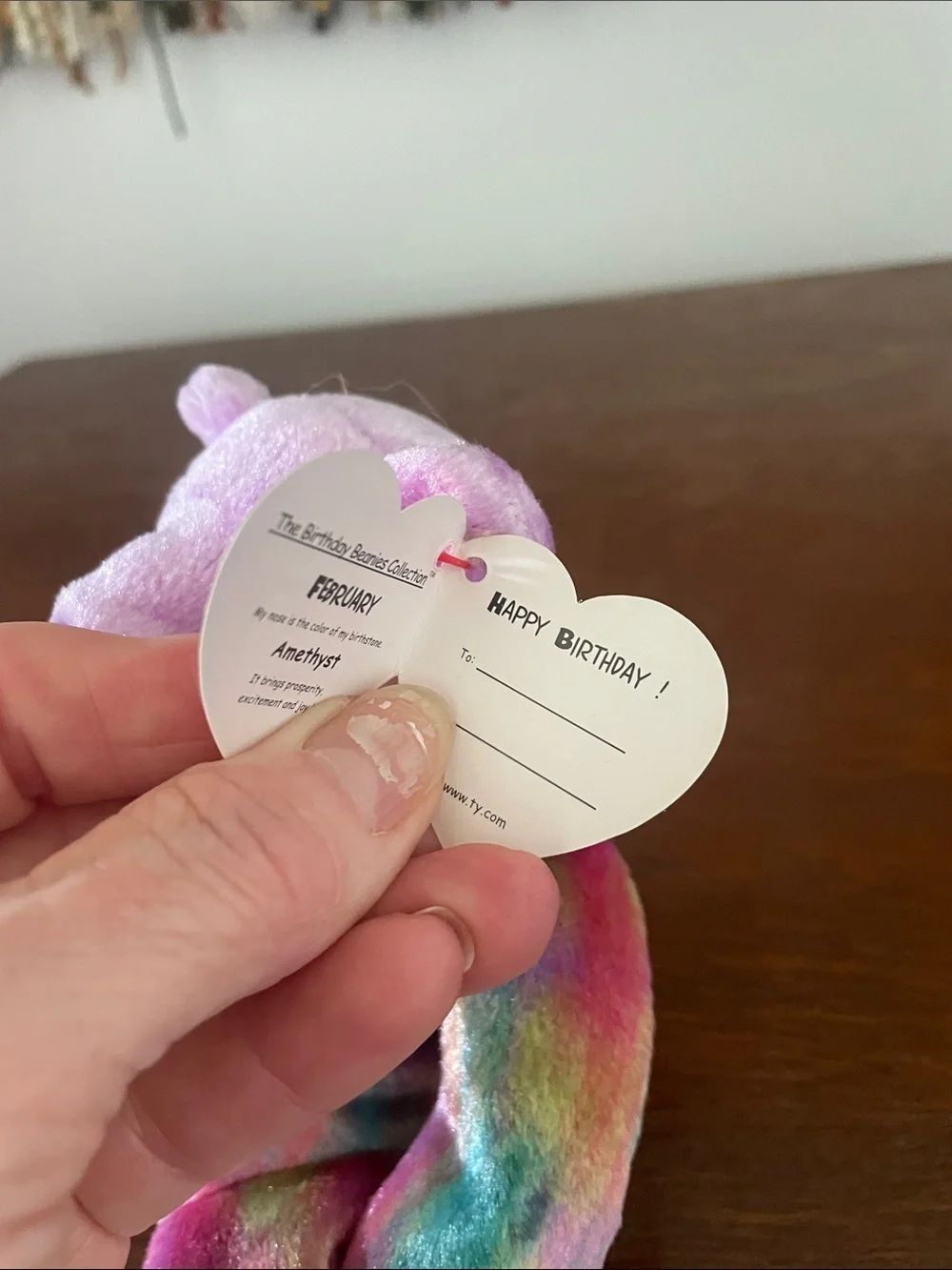 Ty Multicolor Tie-Dye Bear with Purple Head & Collar- February birthday Bear